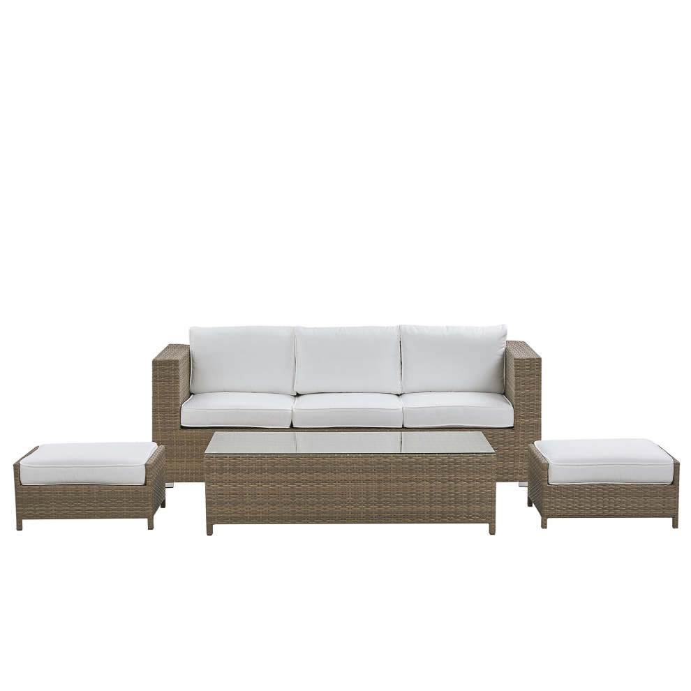 Beliani Garden Lounge Set With Table And Ottoman 5 Seater Belluno White Pe Rattan