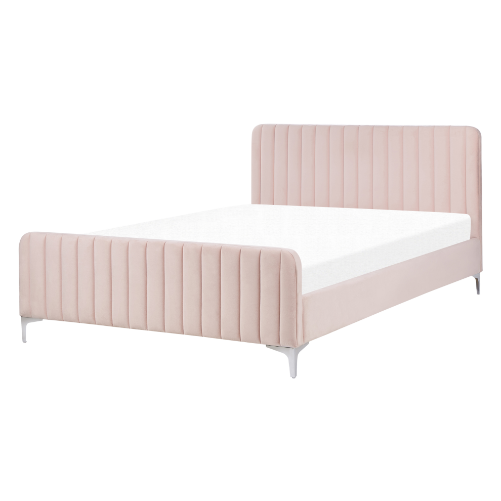 Beliani Bed Velvet Lunan 140 X 200 Cm (Eu Double) Pastel Pink