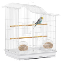 4-türiger Vogelkäfig mit 2 Futternäpfen, 2 Sitzstangen und Tablett, Metall und Kunststoff, 47,5 x 36 x 54,5 cm, Weiß