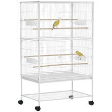 Vogelkäfig für den Innenbereich mit herausnehmbarer Schale, 4 Rollen und Sitzstange, 78 x 52 x 132 cm, Weiß