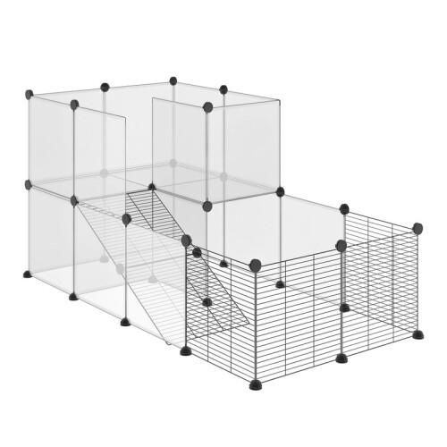 Recinto modular para animais com painéis de 35x35 cm e acessórios, fabricado em aço e PP.