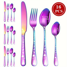 (Colorful, 16pcs-4 servings) Merry Christmas roestvrijstalen bestekset - inclusief eetmes, vork, lepel en dessertlepel met feestelijk
