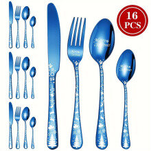 (Blue, 16pcs-4 servings) Merry Christmas Stainless Steel Flatware Set - Includes Dining Knife, Fork, Spoon & Dessert Spoon with Festive