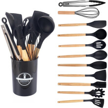 (Black) 12 STUKS Keuken Siliconen Gebruiksvoorwerpen Set-9 Kleuropties-Kookgerei Set met Houten Handvat Non-stick Kooklepels U