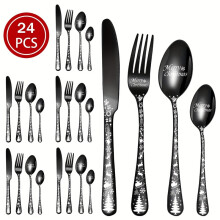 (Black, 24pcs-6 servings) Merry Christmas Stainless Steel Flatware Set - Includes Dining Knife, Fork, Spoon & Dessert Spoon with Festive