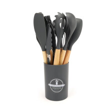 (Grey) 12 STUKS Keuken Siliconen Gebruiksvoorwerpen Set-9 Kleuropties-Kookgerei Set met Houten Handvat Non-stick Kooklepels U