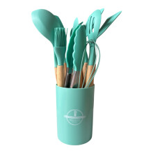 (Green) 12 PCS Kitchen Silicone Utensils Set-9 Colour Options-Cooking Utensils Set with Wooden Handle Non-Stick Cooking Spoons U
