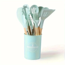(Pale Green) 12 PCS Kitchen Silicone Utensils Set-9 Colour Options-Cooking Utensils Set with Wooden Handle Non-Stick Cooking Spoons U