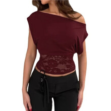 Womens Off the Shoulder Crop Cute Tops Sleeveless One Shoulder Ruched Going Out Tank Top Wine Red M