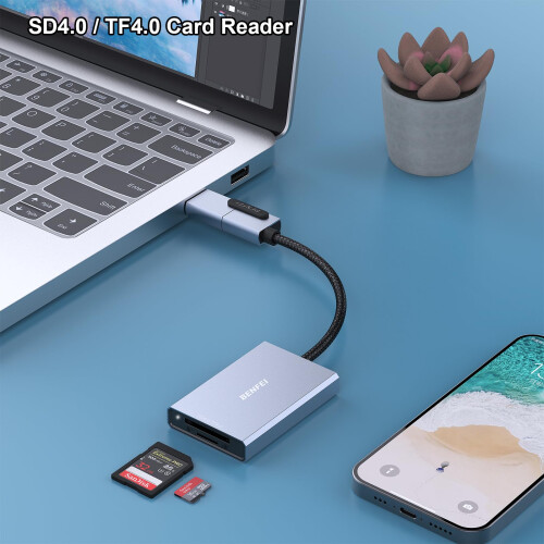 BENFEI SD 4.0 Card Reader, USB-C/USB-A 2-in-1 Memory Card Reader, for SDXC, SDHC, SD, MMC, RS-MMC, Micro SDXC, Micro SD, Micro SDHC Card, UHS-II, and 1