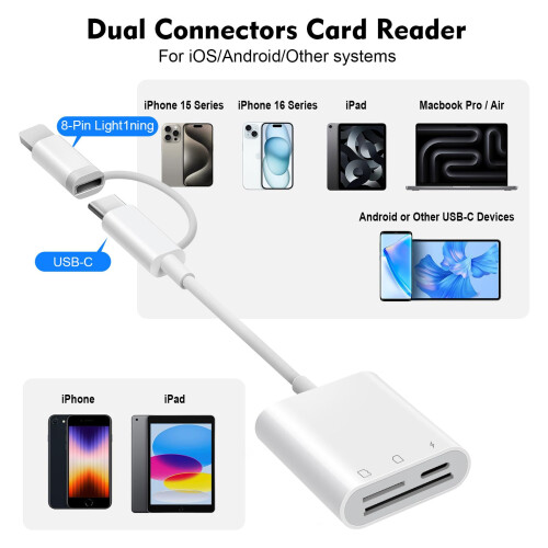Dual Connectors Dual Slots SD Card Reader for iPhone iPad with Charging USB, Lightning & USB C MicroSD Camera Memory Card Reader for iPhone 17/16/15/ 1