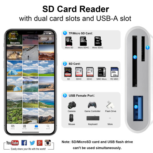Dalimee 3-Port SD Card Reader for iPhone with Lightning/USB-C/USB-A Connectors, Memory Card Reader with SD, Micro SD and USB Slots, Digital Camera Ad 1