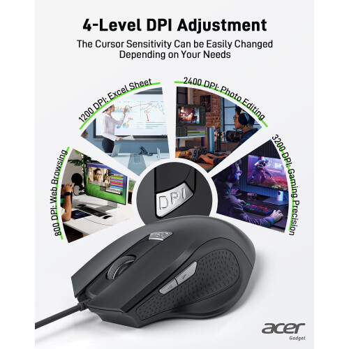 Acer Acer Wired Mouse, Ergonomic Computer Mouse with 6 Buttons, 4 Adjustable DPI up to 3200, Optical Sensor, USB Mice wired 1.5m Cable, Compatible with La 1