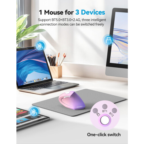 TeckNet TECKNET Ergonomic Mouse, Bluetooth Rechargeable Vertical Mouse(BT5.0/3.0+USB-A),Wireless Right handed Mouse,Optical Mouse 4800 DPI 6 Adjustable Level 2