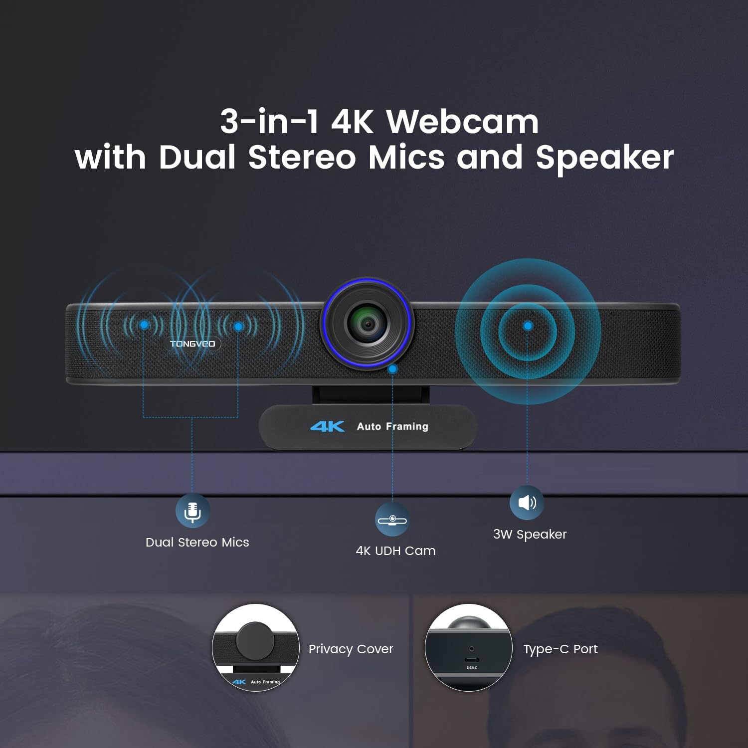 TONGVEO AI Tracking 4K Webcam 5X Zoomable for Conference TV Room System ...