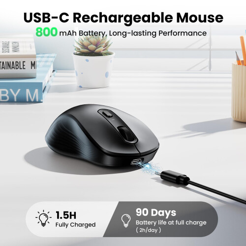 TeckNet TECKNET Bluetooth Mouse, Wireless Mouse Rechargeable Tri-Mode Bluetooth 5.0/3.0+2.4G for Laptop, Silent 4800DPI PC Computer Mice with 6 Adjustable Le 1