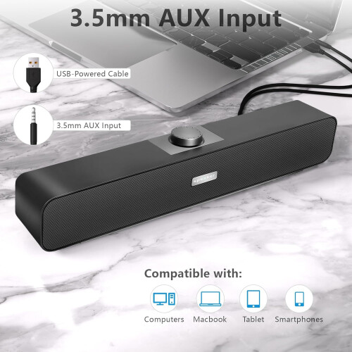 FAYAZ Computer Speakers for Desktop, 6W Stereo USB Computer Soundbar with 2 Diaphragms,3.5mm Aux Input, Knob Volume Control, Wired/Wireless Bluetooth 1