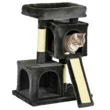 Krabpaal met sisalpalen, kattenmand en 2 kattenhuisjes, 59x39x81cm, donkergrijs
