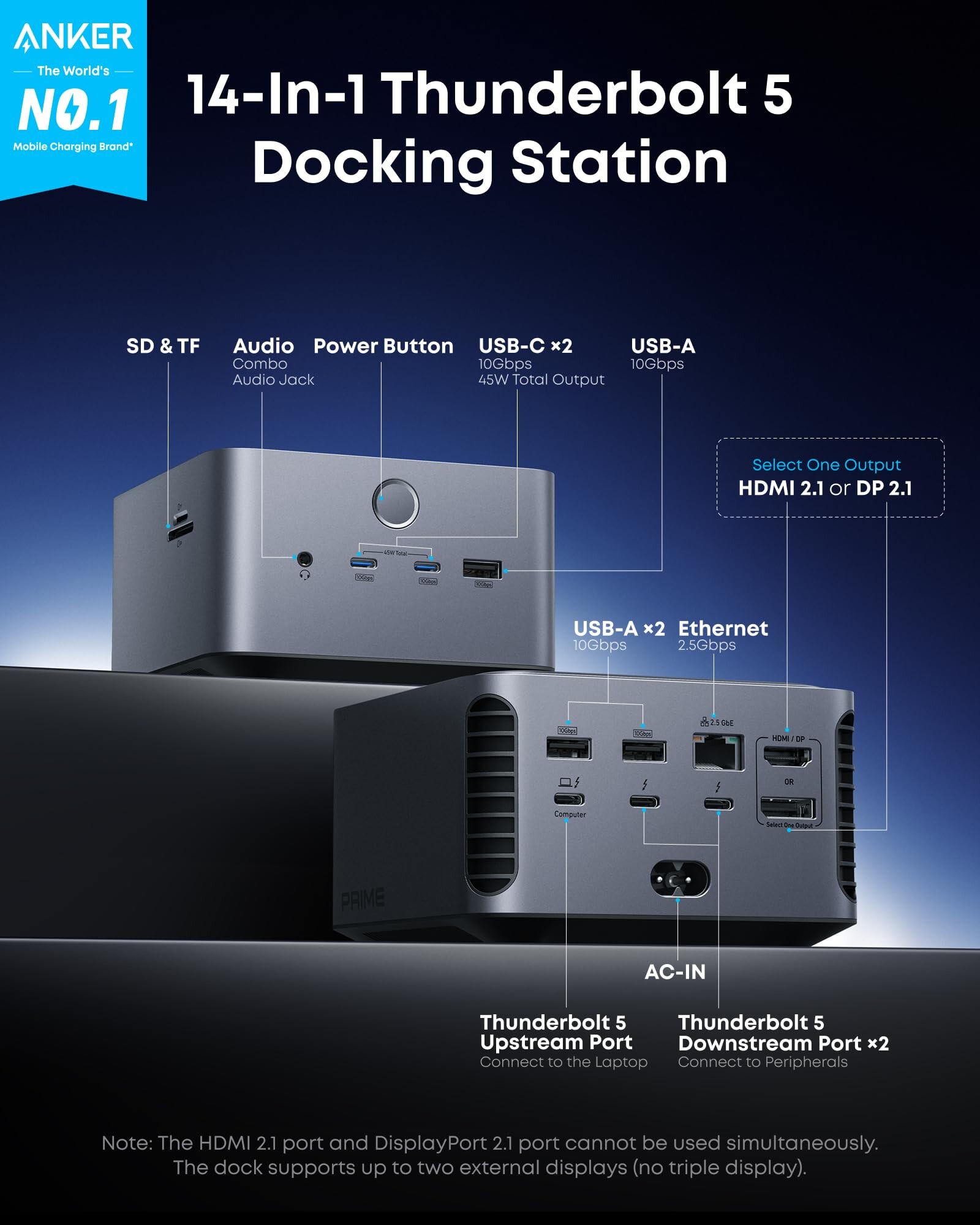 Anker Prime TB5 Docking Station, 14 Ports Thunderbolt 5 Docking Station ...
