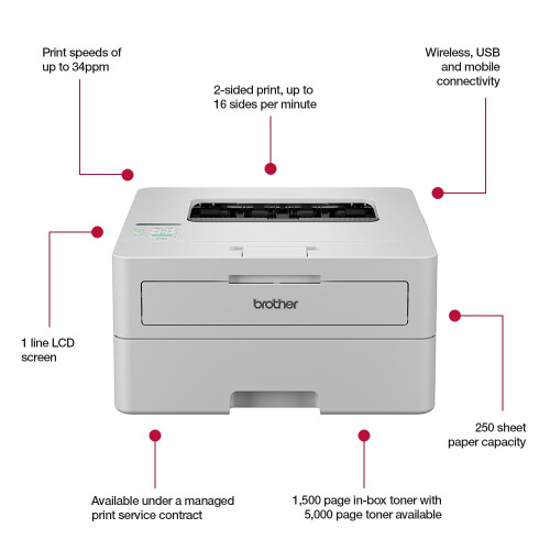 Brother Brother HL-L2865DW wireless mono laser printer, single function A4 Hi-Speed USB 2.0 UK Plug 1