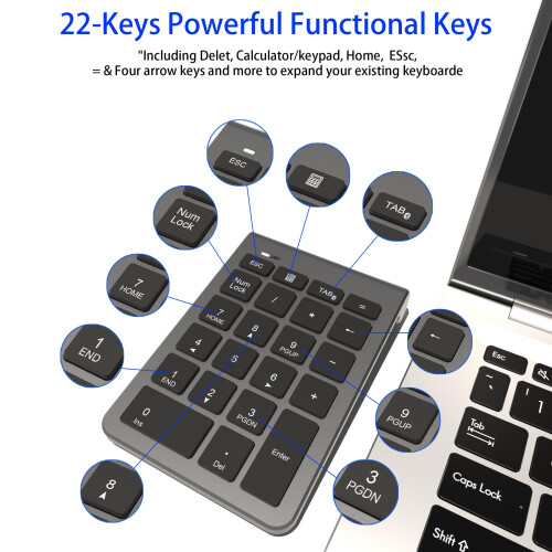 Bluetooth Number Pad, Wireless Numeric Keypad with 22 keys - Portable Numpad for Laptop/Desktop/MacBook/Surface Pro/Windows/Android/iOS - Quiet Keys 1