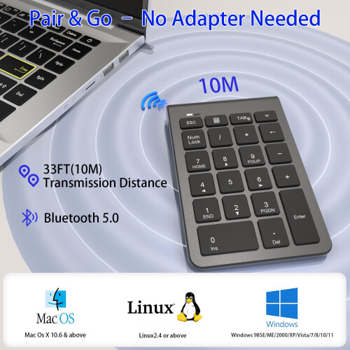Bluetooth Number Pad, Wireless Numeric Keypad with 22 keys - Portable Numpad for Laptop/Desktop/MacBook/Surface Pro/Windows/Android/iOS - Quiet Keys 2