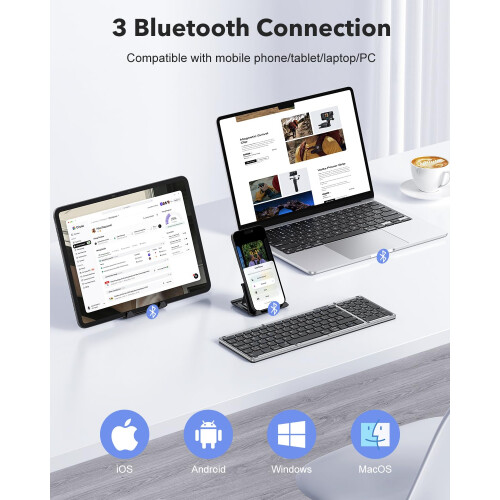 OMOTON Bluetooth Foldable Keyboard with Numeric Keypad, Wireless Keyboard Rechargeable, QWERTY UK Full Size, 3 Bluetooth Channels for iOS/Android/Win 1