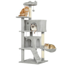 Krabpaal voor katten van 140 cm met 2 huisjes, hangmat, bed en sisalpalen, grijs
