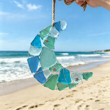 Blue Green Colored Sea Glass Moon Pendant For Window Doorway Wedding Decoration Blue
