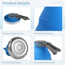 1.5L Silicone Kettle,Portable Camping Kettle,Folding Travel Tea Kettle,Anti-Scald Plastic Handle,Stainless Steel Bottom