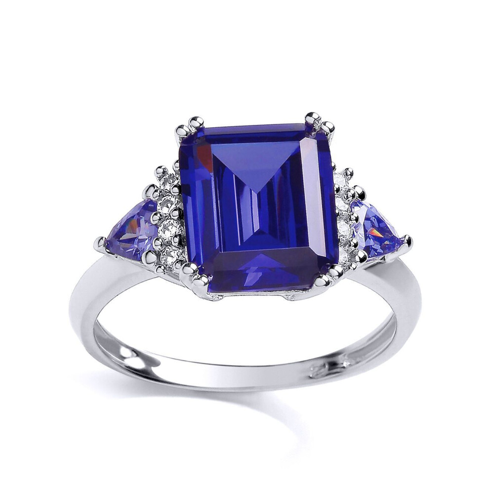 Jewelco London (P) Sterling Silver Tanzanite-Violet Triangle And Emerald Cut Cubic Zirconia Cluster Cocktail Ring - Gvr666