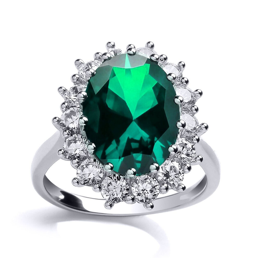 Jewelco London (Q) Sterling Silver Emerald-Green Oval Cubic Zirconia Royal Princess Cluster Solitaire Engagement Ring - Gvr668em Green,Silver