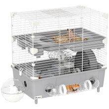 Hamsterkooi met 2 verdiepingen en 3 deuren, inclusief loopwiel en buizen, gemaakt van staal, PS en PP, grijs en wit.