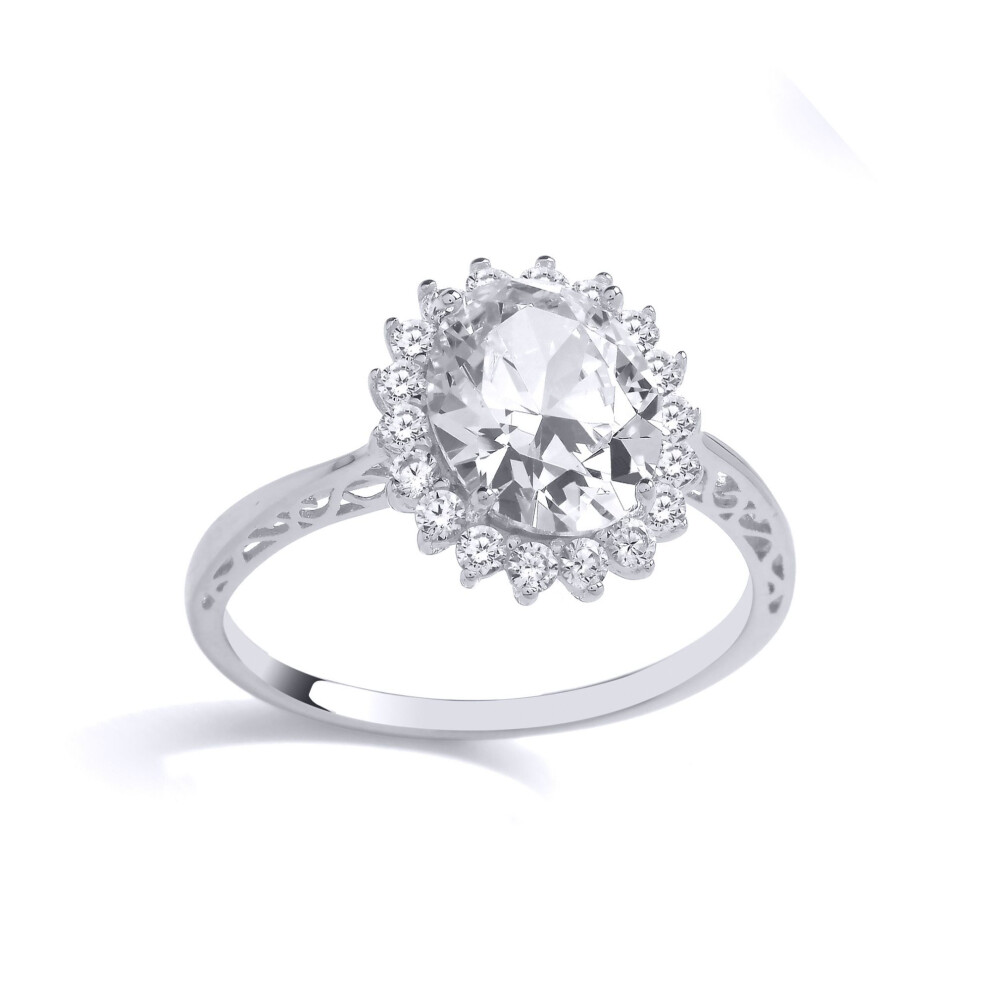 Jewelco London (R) Ladies Rhodium Plated Sterling Oval Cz Filigree Edged Halo Solitaire Cocktail Ring - Gvr906 Silver