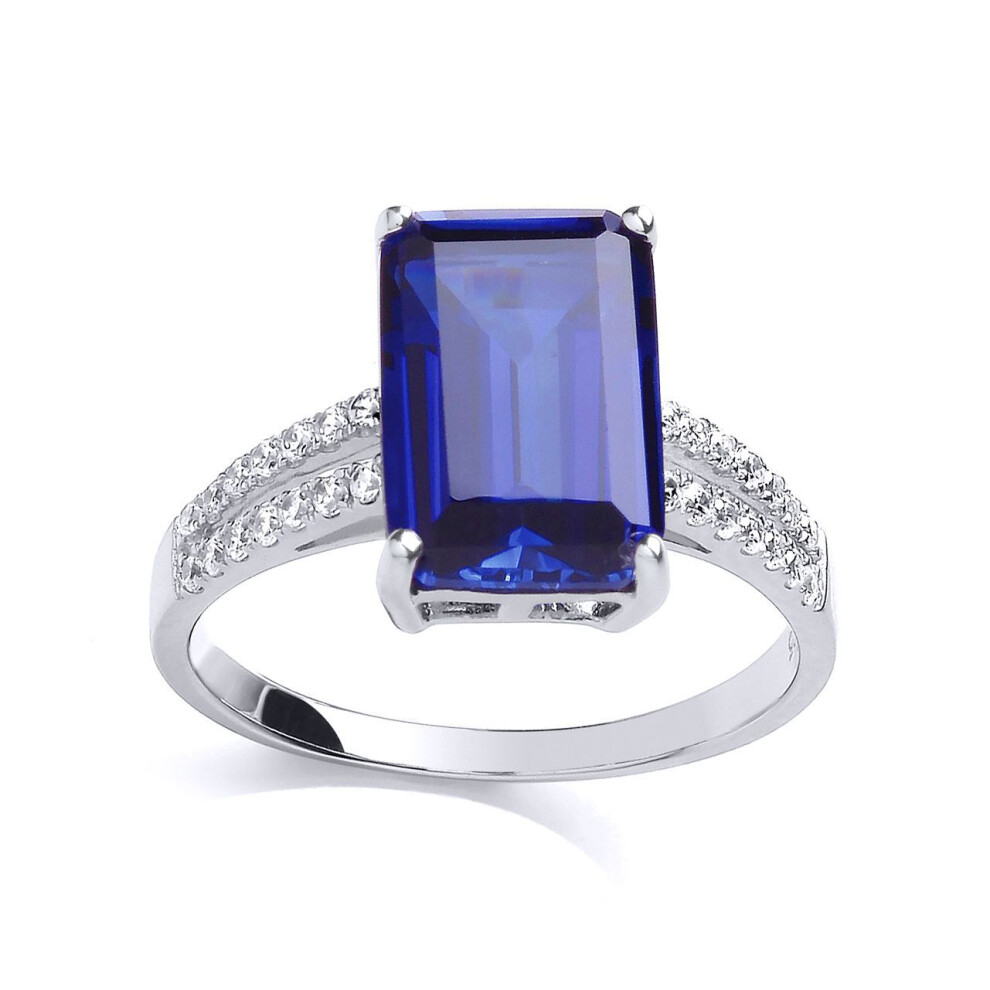 Jewelco London (N) Sterling Silver Sapphire-Blue Emerald Cut Cubic Zirconia Shoulder-Set 4 Claw Solitaire Engagement Ring - Gvr660sap Blue,Green,Silver