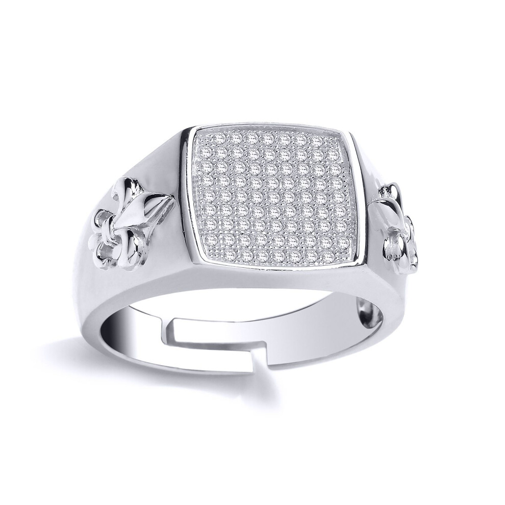 Jewelco London (X) Mens Sterling Cubic Zirconia Fleur De Lis Square Cushion Signet Ring - Gvr808 Silver