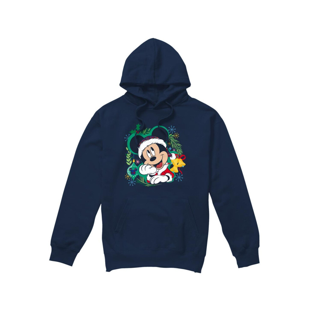 Disney (Xxl, Navy) Mens Mickey Mouse Wreath Christmas Hoodie Blue,Multicoloured