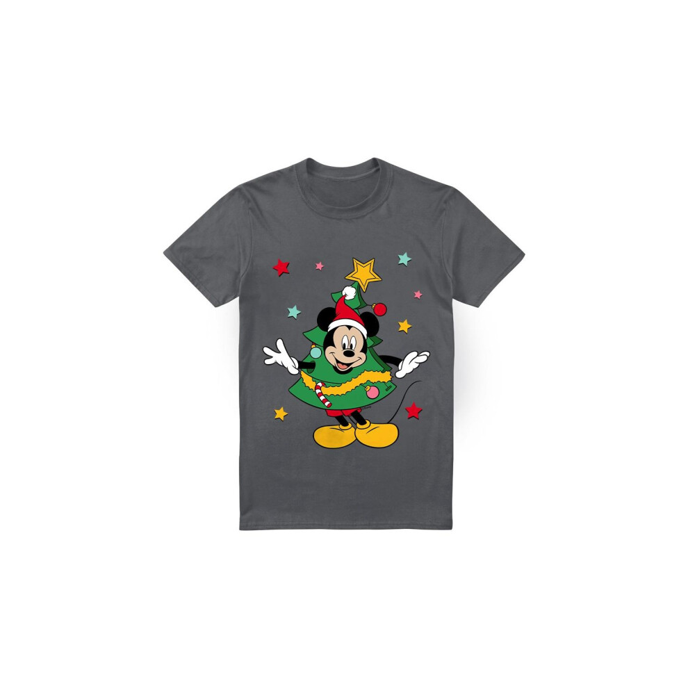 Disney (L, Charcoal) Mens Mickey Mouse Christmas Tree T-Shirt