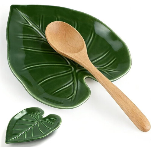 Leaf Ceramic Spoon Rest, Keeps Counters Clean, for Stove Top and Kitchen Counter, Decorative Green Spoon Holder