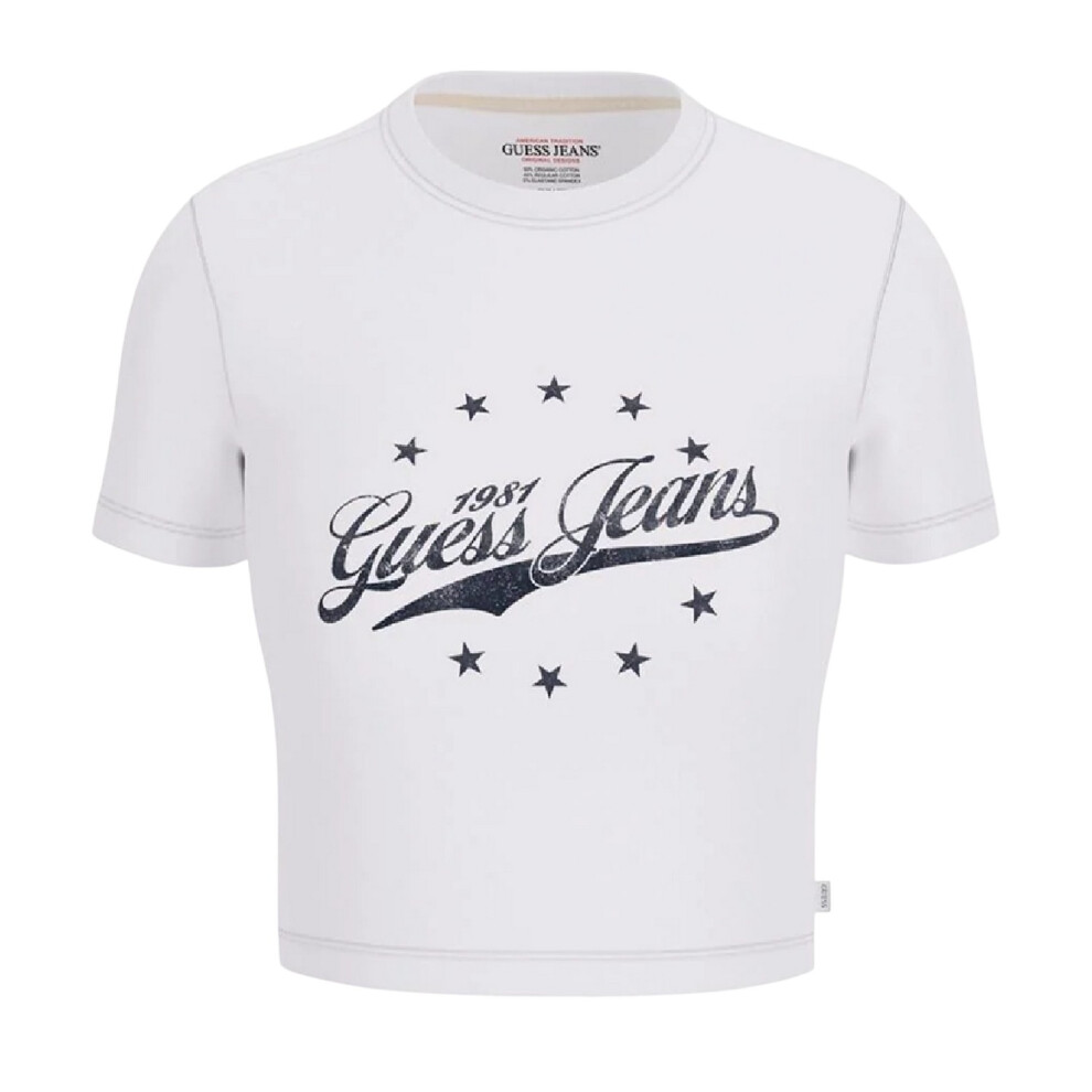Guess (10 Uk, Pure White) Womens/Ladies Logo Cropped Slim T-Shirt