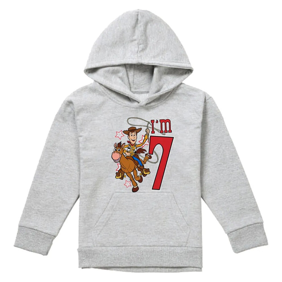 Toy Story (7-8 Years, Athletic Heather) Childrens/Kids I'm 7 Woody Heather Birthday Pullover Hoodie