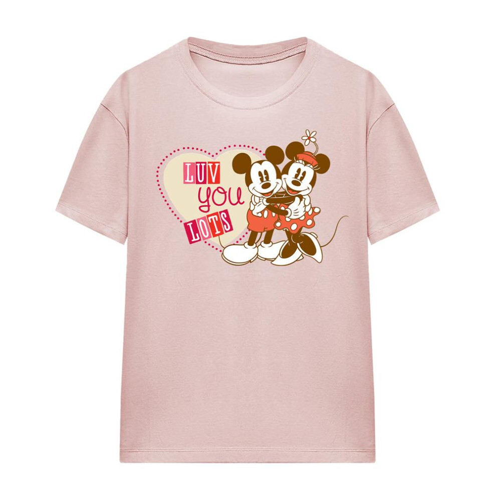 Disney (L, ) Womens/Ladies Luv You Lots! Mickey & Minnie Mouse Vintage Valentine's Day T-Shirt Pink