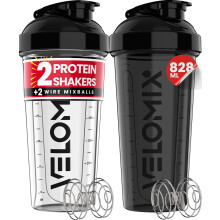 VELOMIX -2 PACK- 828ml Protein Shaker Bottle -2x Wire Mixball | Leak Proof Shaker For Protein Shakes | Large, Stackable Protein Shake Bottle | Dishwa