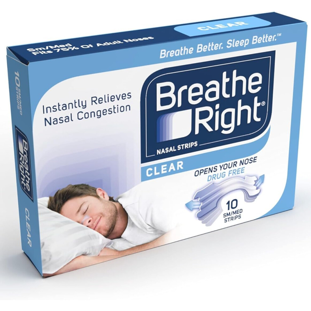 Breathe Right Clear Small/Medium 10 Pieces, Nasal Strips For Snoring, Nose Strips For Breathing, Blocked Nose Relief, Drug-Free Snoring Aid For Men A