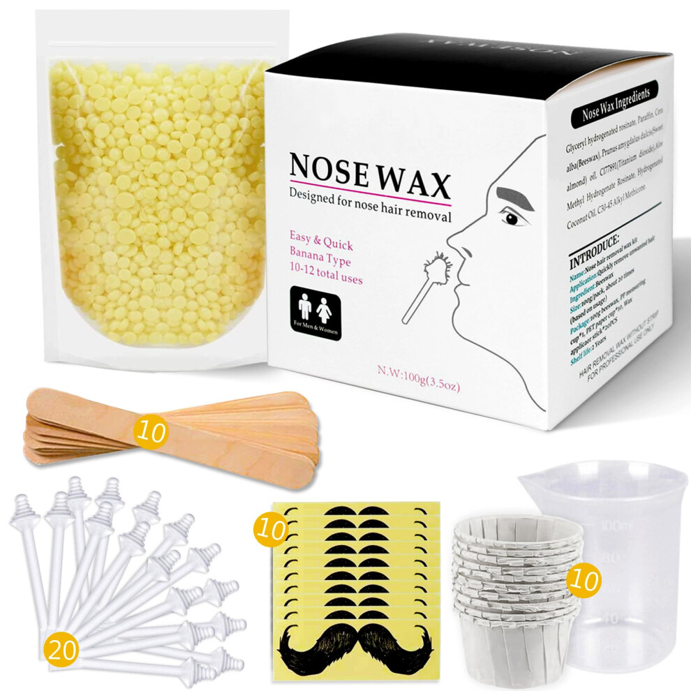 Milukon Nose Wax Kit For Men And Women, Nose Hair Removal Wax With 100G Nasal Hair Wax 20 Safe Tip Applicator, 10 Wooden Applicators,10 Containers And 10Mous