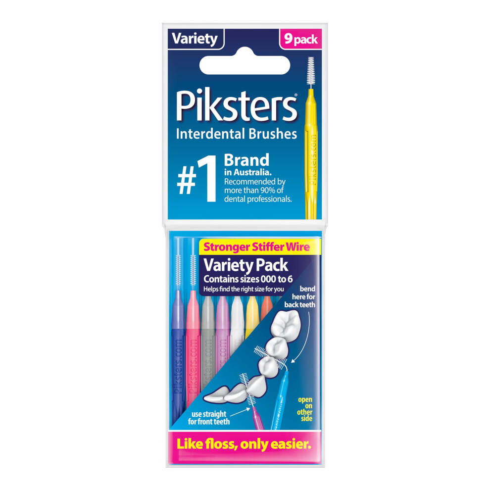 Piksters Interdental Brushes, Assortment Pack Size 000-6 9Pk, Interdental Toothbrush For Extremely Tight Gaps To Large Teeth Gaps, Rubber Soft Bristl