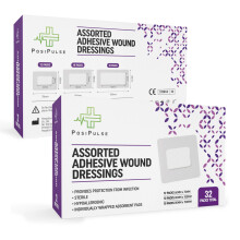 Posi Pulse Assorted Adhesive Wound Dressings - 32 Packs for Protection from Infection, Sterile Individually Wrapped, Hypoallergenic, Breathable, Abso