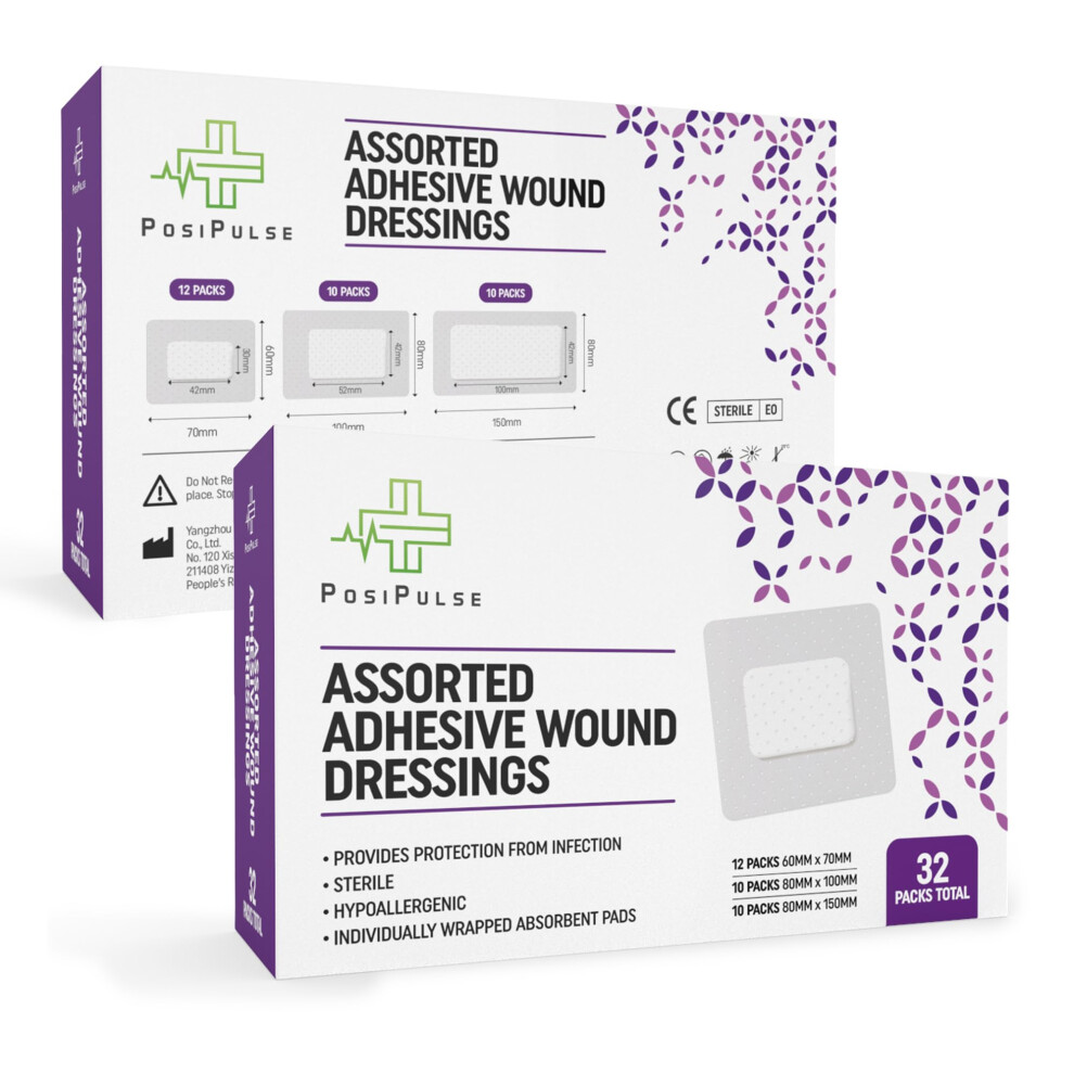Posi Pulse Assorted Adhesive Wound Dressings - 32 Packs For Protection From Infection, Sterile Individually Wrapped, Hypoallergenic, Breathable, Abso