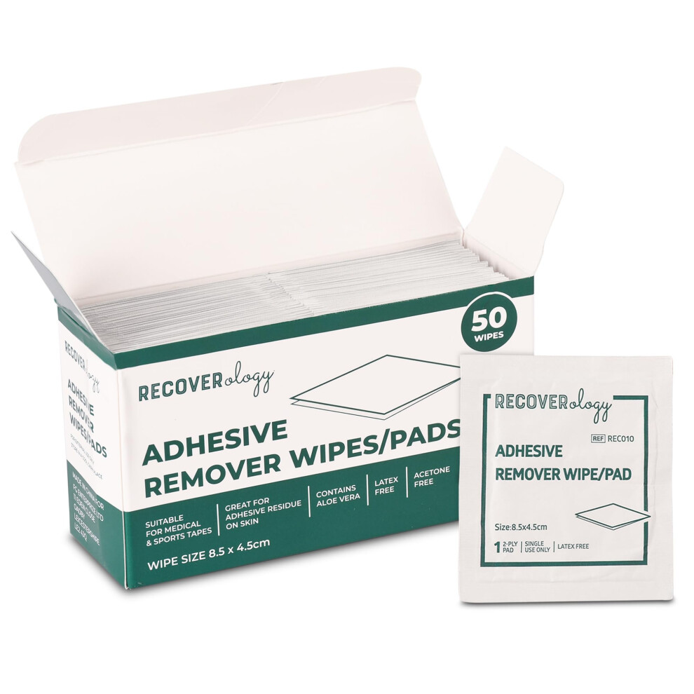 Recoverology Adhesive Remover Wipes | Pack Of 50 Individually Wrapped Sachets | Wipes For Skin That Remove Adhesive Residue From Medical Tape And Sports Tape | Co