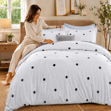 (Double, Plain Grey & White Doted) Luxury Floral Printed Duvet Cover Set | Reversible Designer Bedding | Matching Pillowcases | Hotel Quality